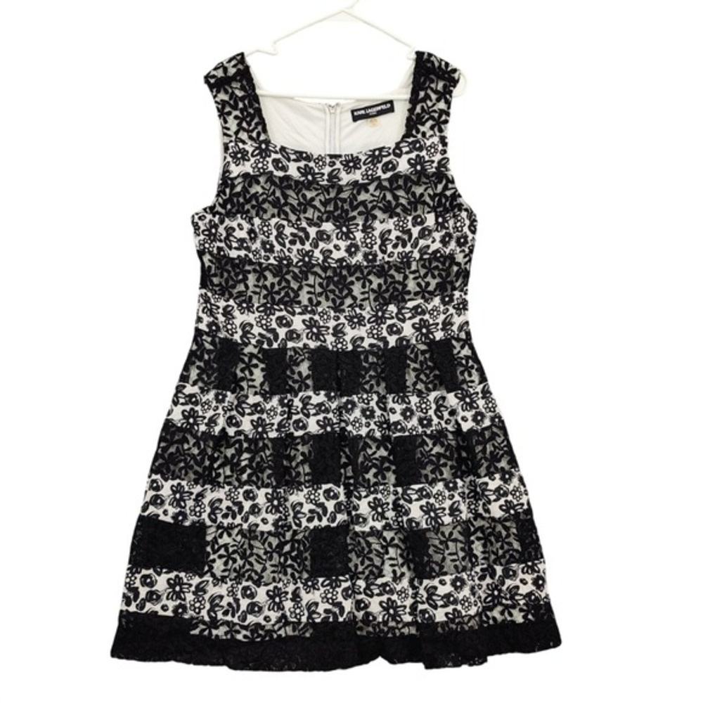 Karl Lagerfeld Womens Parisian Elegant Lace Floral Dress 14 Black Sleeveless NEW